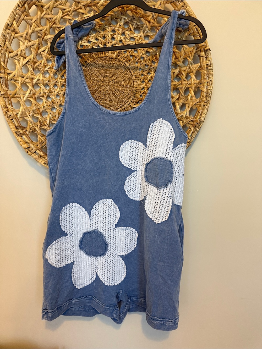 J Her- Blue Tank Romper with White Daisy Appliqués